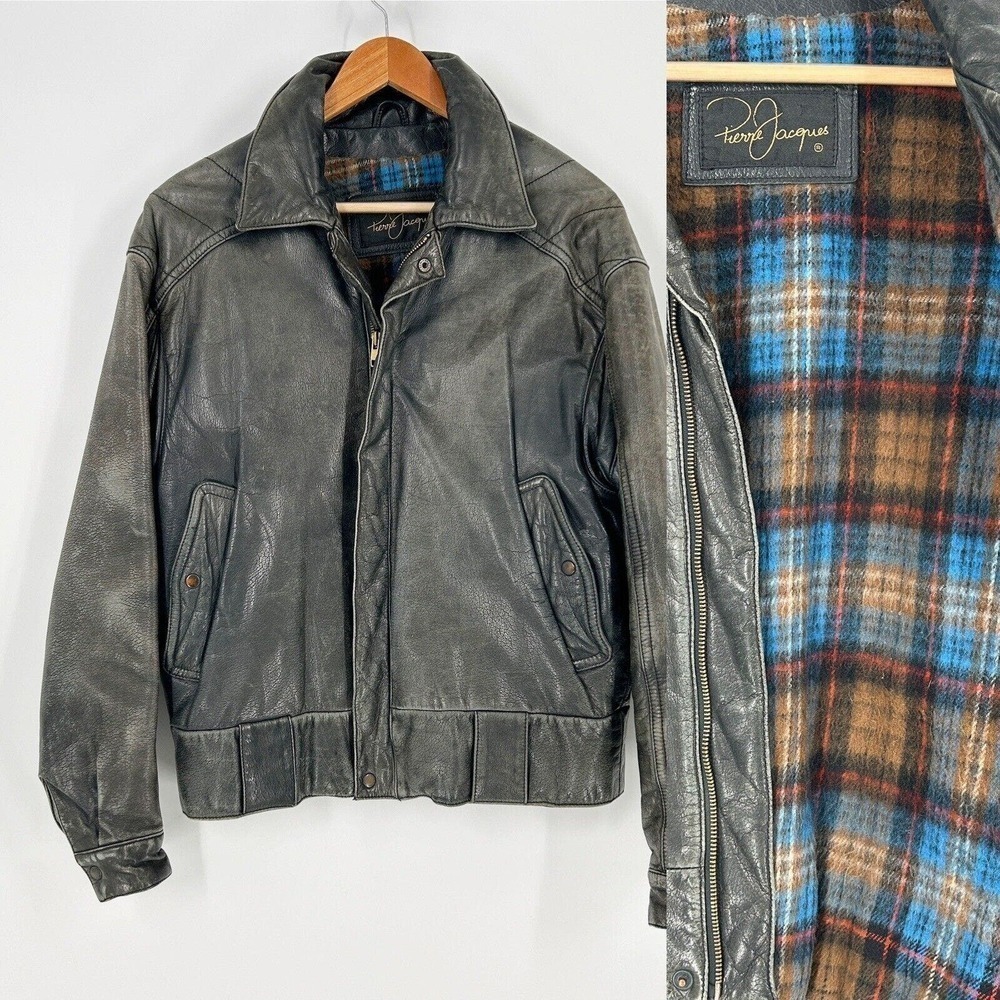 Pierre Jacques Vintage Leather Bomber Jacket Blue Plaid Flannel Lining